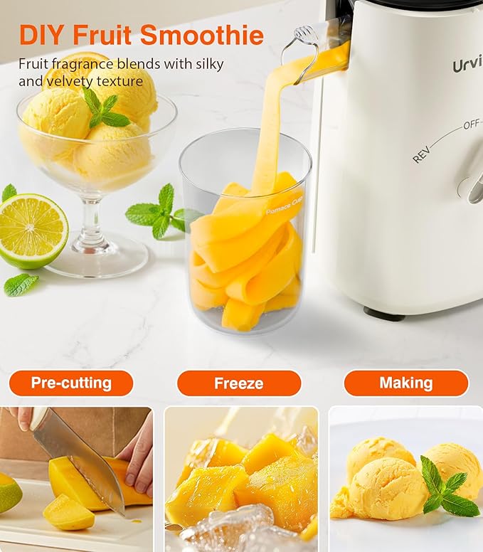 Juicer Machines, 2-in-1 Cold Press Juicer for Juice & Sorbet, suit for Vegetable and Fruit with 5-Inch Wide Chute, Powerful Masticating/High-Yield High Nutrients/Rev Mode/Easier Clean (Ivory)