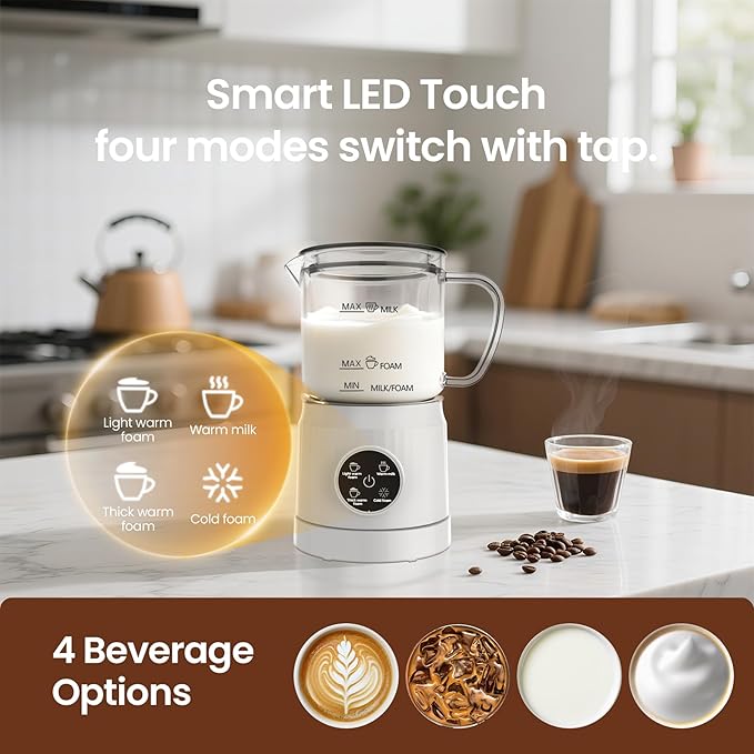 Casimhu 4-in-1 Milk Frother, Electric Milk Frother and Steamer with LED Touch Screen, Ceramic Lining Bottom, Milk Warmer 13.52oz for Lattes, Cappuccinos, and Macchiatos at Home, White