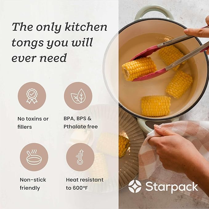 Starpack 'Get a Grip' Silicone Kitchen Tongs for Cooking 12 Inch - BBQ Tongs for Grill Heat Resistant to 600°F - Stainless Steel Tongs with Non Stick Tips - Silicone Tongs for Serving Food