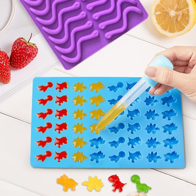 Gummy Candy Molds - Silicone Gummy Bear/Dinosaur/Hearts/Gummy Worm Mold with 2pcs Dropper,Non-stick and Bpa Free for Mini Candy Chocolate Gummies Baking