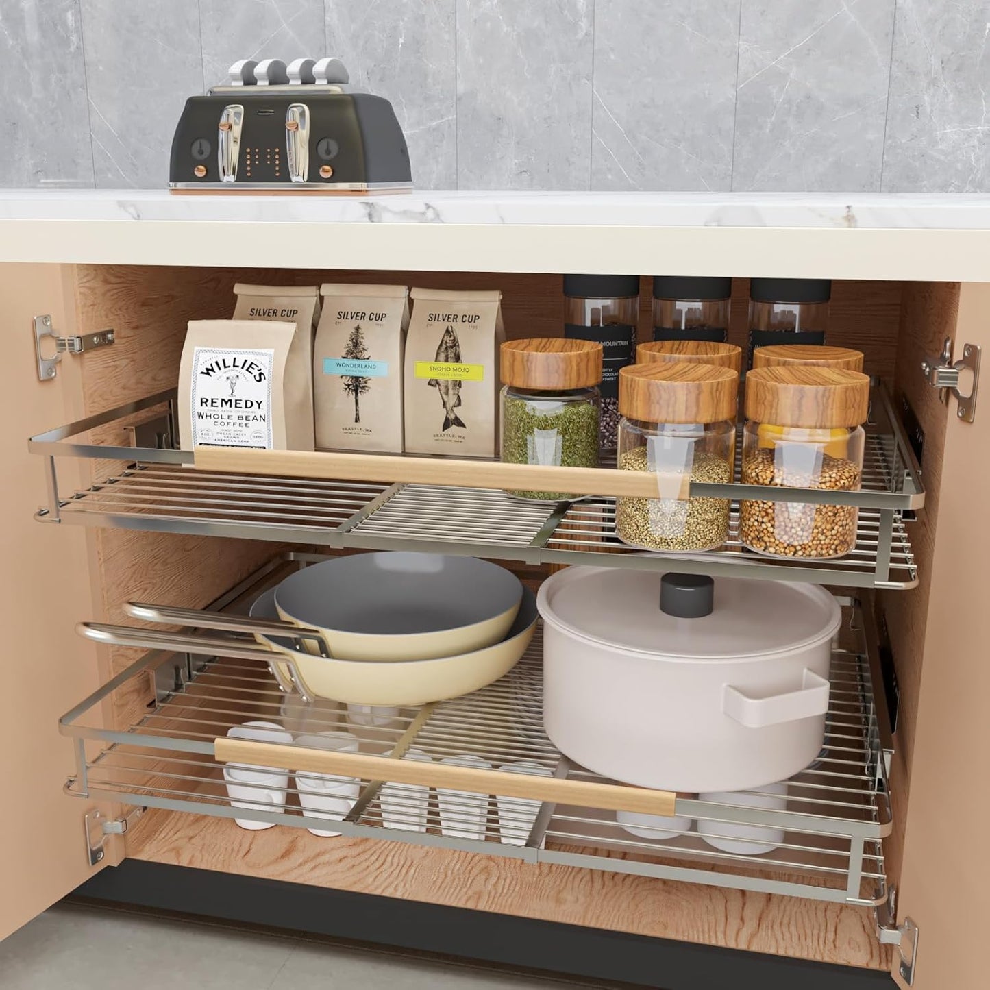 2Pack Expandable Pull Out Cabinet Organizer, Slide Out Drawers for Kitchen Cabinets, Heavy Duty Drawer Slides for Home Kitchen Pantry Cupboard Pots Pans, Adjustable Width 11.8"~18" W x 17.3''D