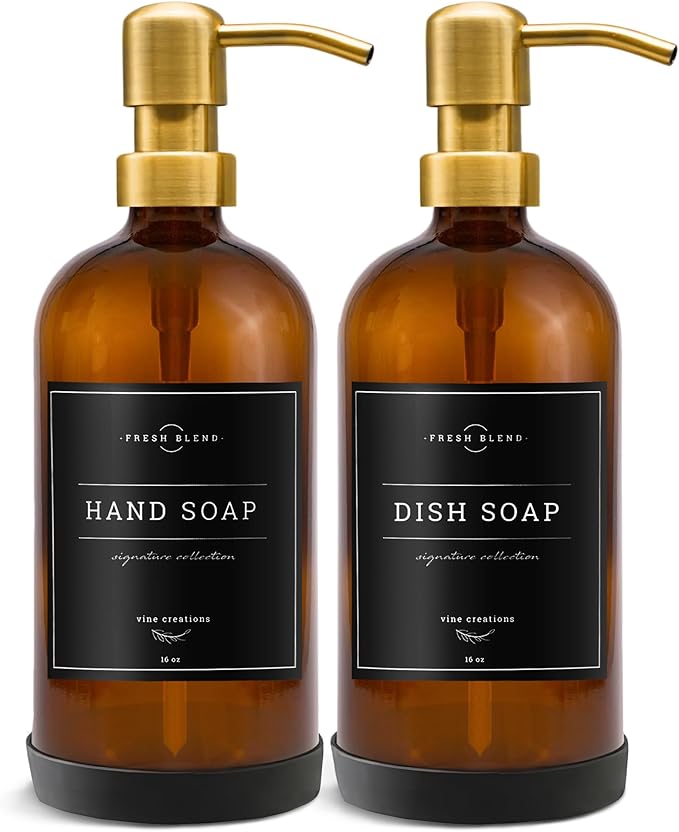 Vine Creations Amber Glass Soap Dispenser, 2 Pack Kitchen Soap Dispenser Set with Stainless Steel Pump, 16 oz Dish Soap and Hand Soap Dispensers for Bathroom with Waterproof Labels