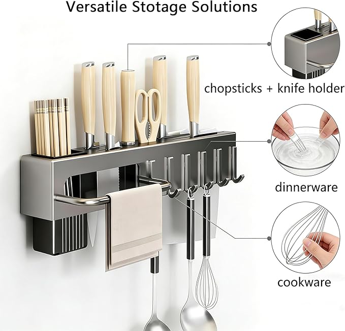 SEIDO Carbon Steel Utensil Rack – Space-Saving 12" L Kitchen Organizer with hooks & hanging bar, Gunmetal Gray Knife Holder, 2 Installation Options (Adhesive/Screwed)