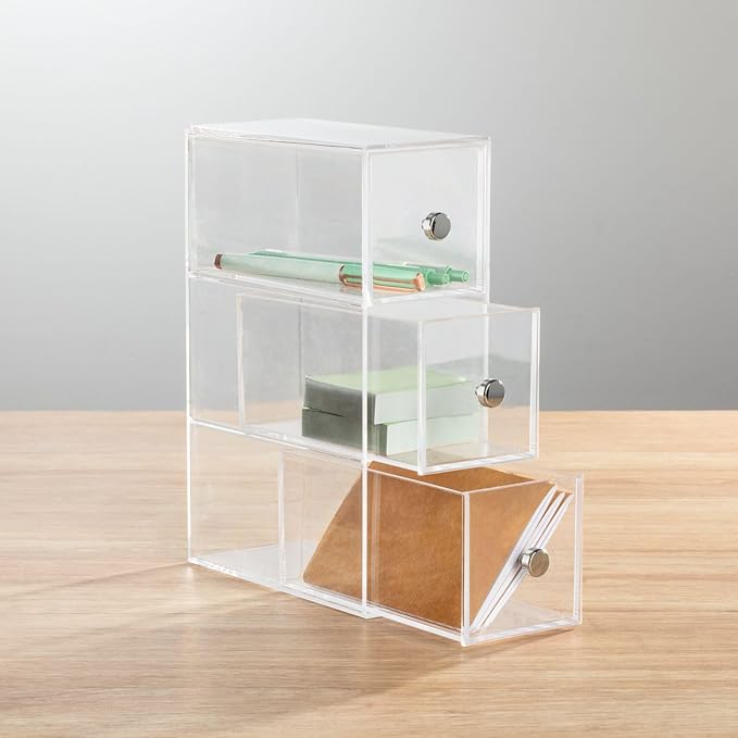 mDesign Plastic Stackable Desktop Organizer Tower Storage Station with 3 Drawers for Home Office - Holds Pens, Sticky Notes, Binder Clips, Notepads, or Gel Pens - Lumiere Collection - 2 Pack - Clear