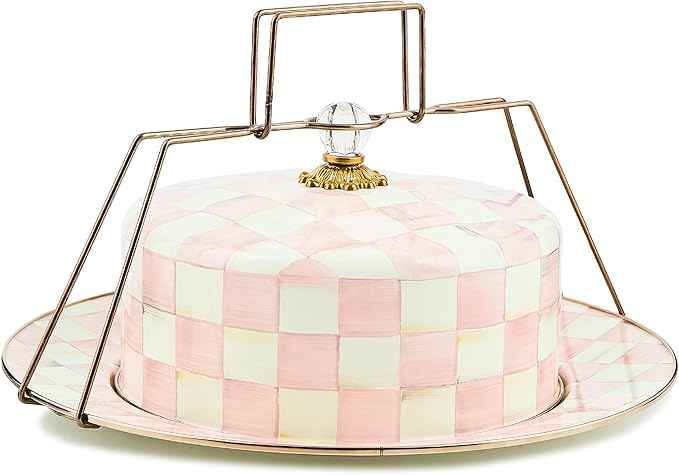 MACKENZIE-CHILDS Enamel Cake Carrier, Cake-Dish Serving Platter with Lid and Handles, Pink-and-White Rosy Check