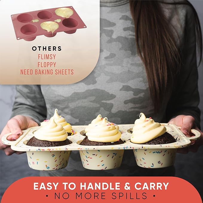 BAKE BOSS Confetti Silicone Jumbo Muffin Pan 6 Cup–Non-Stick Cupcake Pans for Baking, Heavy-Duty Large Silicone Muffin Pans for Baking, BPA-Free, Easy-Release, Oven & Dishwasher Safe