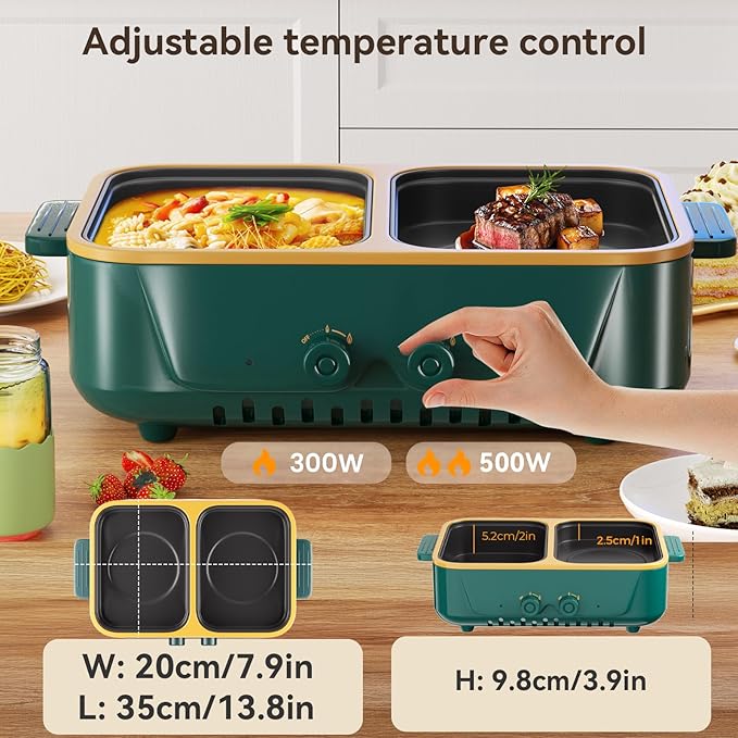 2-in-1 Electric Hot Pot and Grill Combo,1000W Dual Temper Control, Fast Heating - Indoor Cooking Appliance for BBQ, Steaks, Noodles & More - Suitable for Up to 3 People (Green T)