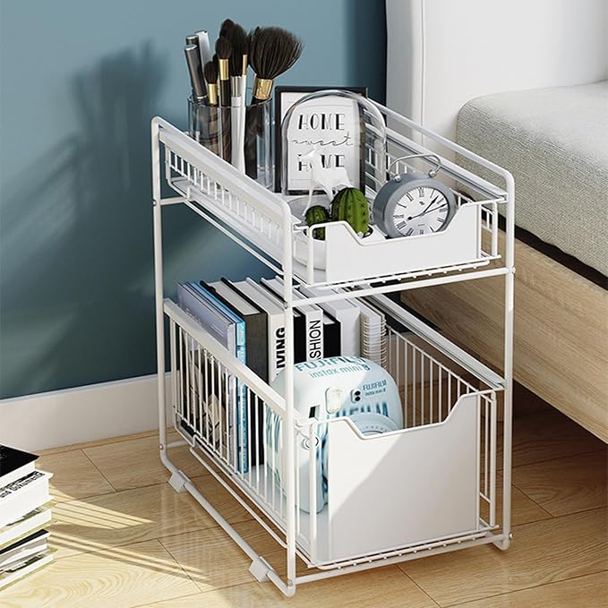 Takywep 2-Tier Pull Out Cabinet Organizer, Heavy Duty Slide Out Pantry Shelves Drawer Storage with Adhesive Film, No-Drill Sliding Mesh Basket for Kitchen, Bathroom, Home