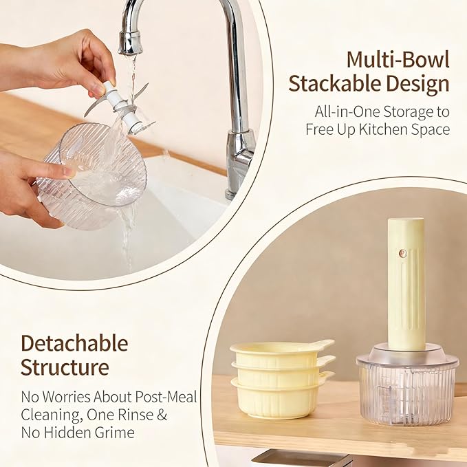 Electric Garlic Chopper, Multifunctional Portable Veggie Cutter with 2 Blades & 4 Bowls - Mini Chopper Food Processor for Ginger, Chili, Fruit, Meat - Electric Mini Chopper, One-Touch Operation