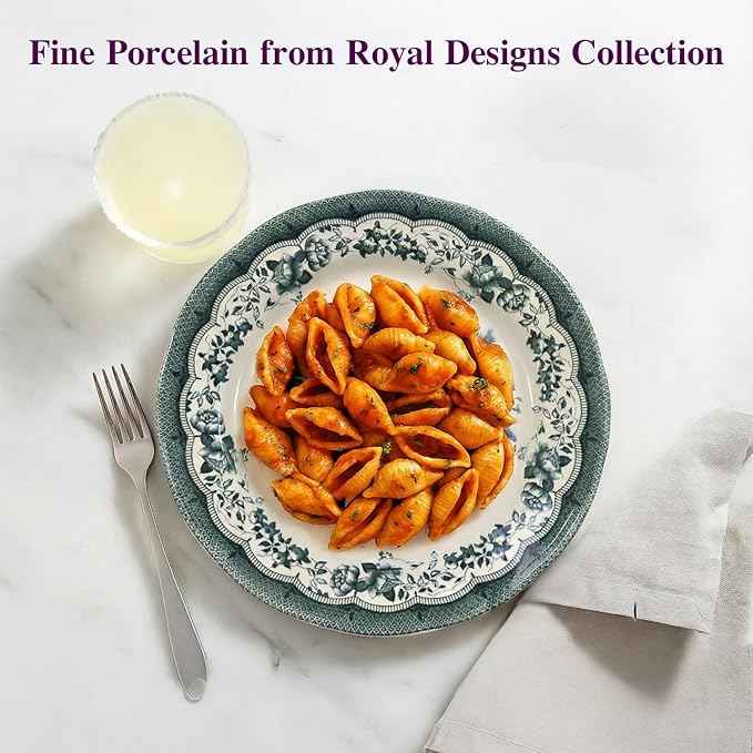 TUDOR ROYAL 12-Piece Porcelain Round Dinnerware Set, Service for 4, VICTORIA Green Design, Blue Floral, Plates Bowls Dishes, Premium Quality Tableware, Unique Pattern, Glossy
