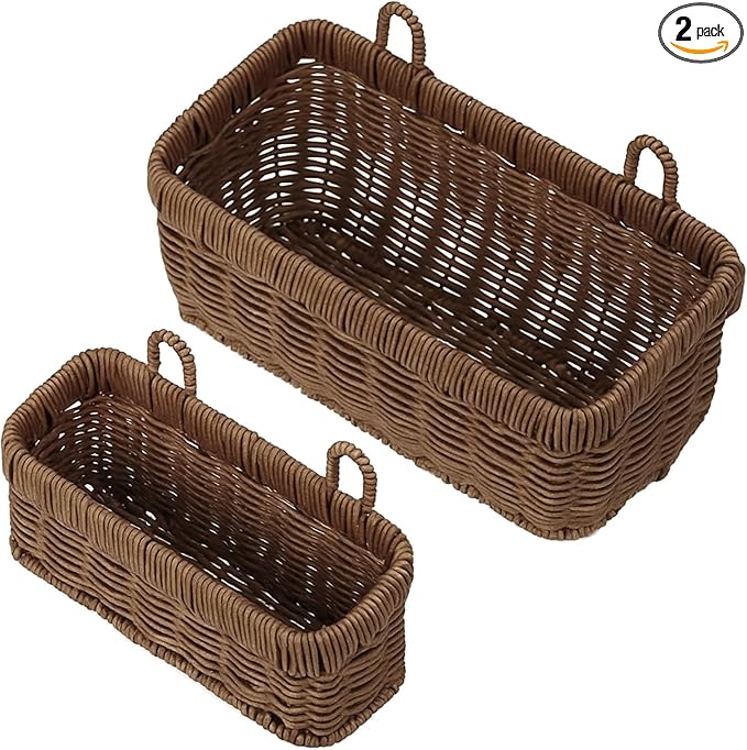 Tioncy 2 Pcs Woven Hanging Wall Baskets for Storage Boho Style Hanging Storage Plastic Woven Baskets with 4 Hooks for Kitchen Garden Living Room