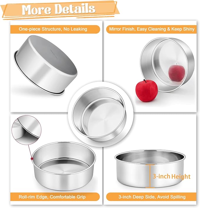 P&P CHEF 6 + 8 + 9.5 Inch Cake Pans Set, Round Baking Pan Stainless Steel Layer Birthday Wedding Cake Oven Pans, Non Toxic & Heavy Duty, Deep Side & Mirror Finish, Dishwasher Safe, (3Pcs)