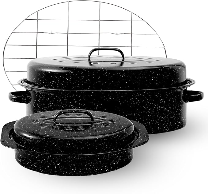 Enamel Roaster Pan With Lid and Rack Set 13"19"Granite Roasting Pans, Oval Large Turkey Baking Pan Suitable for Cooking 20lb Poultry and Beef High Temperature Resistance Oven Cookware