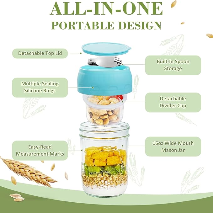 Miuyhji Overnight Oats Containers with Lids, 2-Pack Glass Mason Jars 16 oz with Lids, Folding Spoons and Separated Compartment, for Chia Pudding, Yogurt, Salad, Parfait Cups (Gray/Purple)