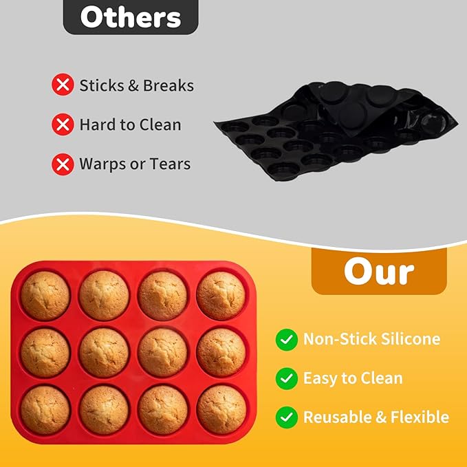 2 Pack Silicone Cupcake Pan for Baking, Nonstick Silicone Muffin Pans, 12 Cups Regular Size Cupcake Pan, Durable and Flexible, Quick-Release, Easy to Clean, Ideal for Home Baking and Party, Red