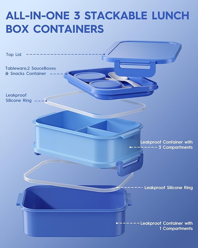 KEMETHY Adults Bento Lunch Box Set with Thermo Bag, 74oz Stackable Leak-proof 3-tiers Bento Box, Built-in Utensil and Sauce Container for Work, School, Dining Out (Blue)