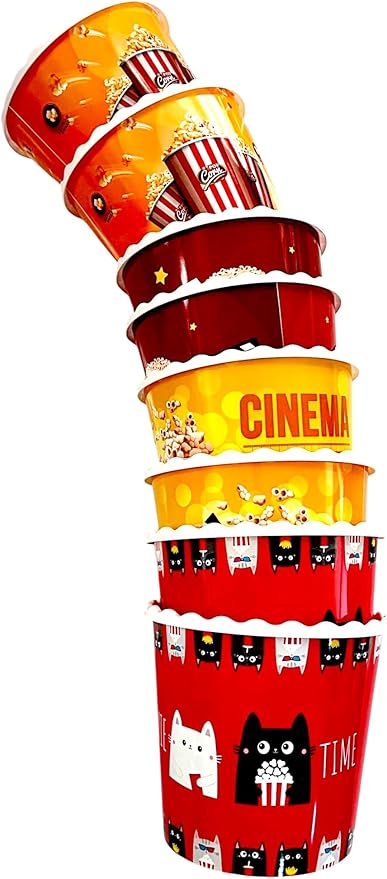 Modern Style Reusable Plastic Popcorn Box/Popcorn Containers/Popcorn Bowls Set for Movie Theater Night - (BPA Free - 8 Pack - 75 oz) (Popcorn Mix Z)