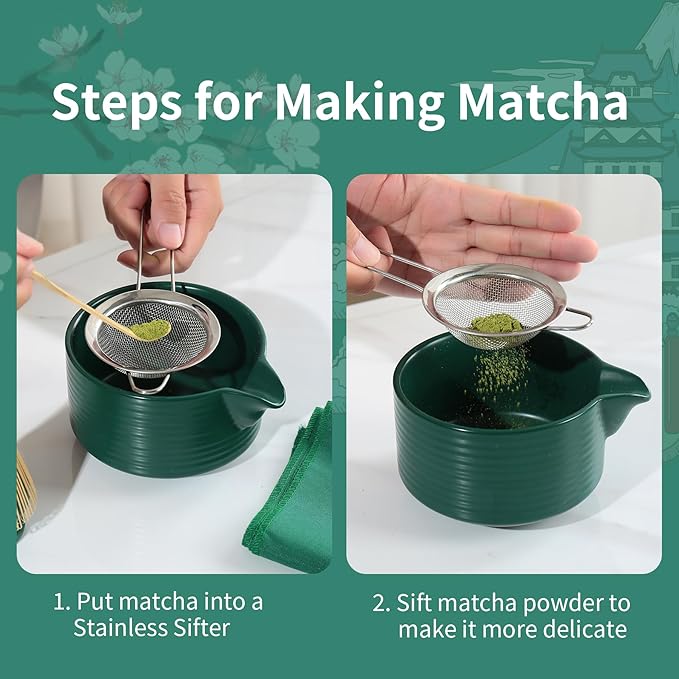 Matcha Whisk Set,Matcha Making Set with Dark Green Bowl,Matcha Whisk Holder, Stainless Sifter & Scoop, Tea Towel,Traditional Matcha Tea Set for Ceremony,Dark Green,7Pcs