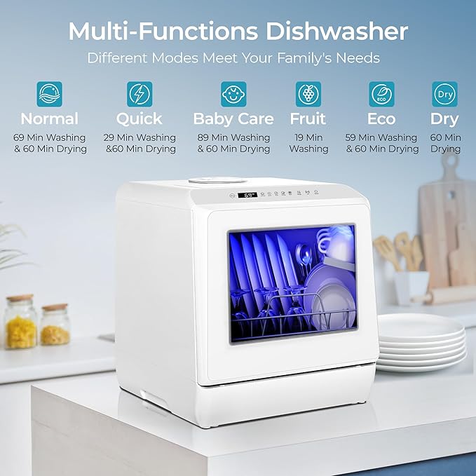 EUHOMY Countertop Dishwasher Portable with 6 Programs, 5L Built-in Water Tank for Apartments, 167℉ High-Temp, No Hookup Needed, Mini Dishwasher with Baby Care, Air Dry/Quick/ECO/Fruit/Normal, White