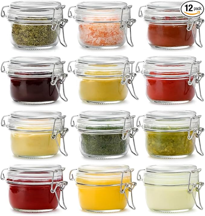 4oz Mini Airtight Glass Jars with Clamp Lid - Small Spice, Jam & Honey Jars for Kitchen Pantry Storage, Cute Clear Sauce Containers for Seasoning, Sugar, Salt, Wedding & Party Favors
