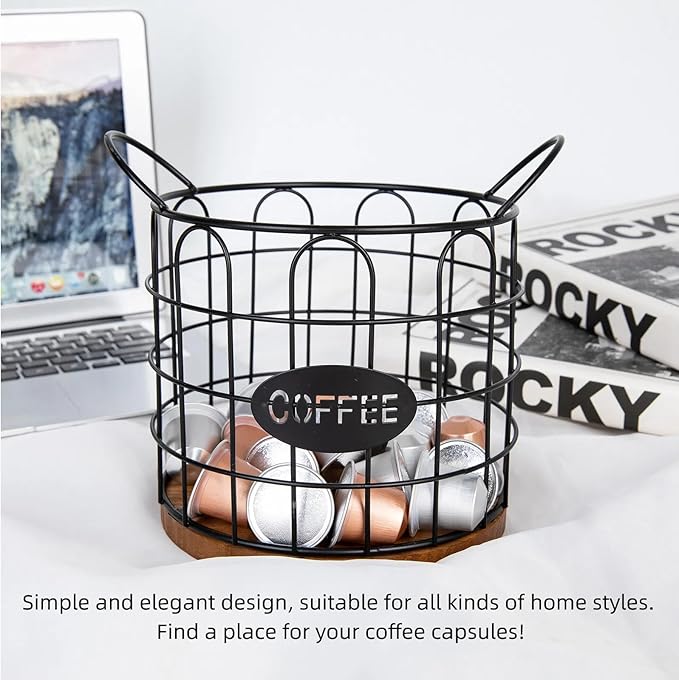 Coffee Pod Holder, Large Capacity K Cup Holder Organizer,Big Metal Capsule Storage Basket with Wooden Base, Coffee Bar Decor Station Accessories for Kitchen Counter Office Desktop (Black)