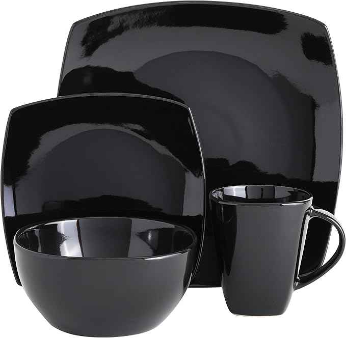 Gibson Elite Soho Lounge Square Reactive Glaze Stoneware Dinnerware Set, Service for 4 (16pc), Black