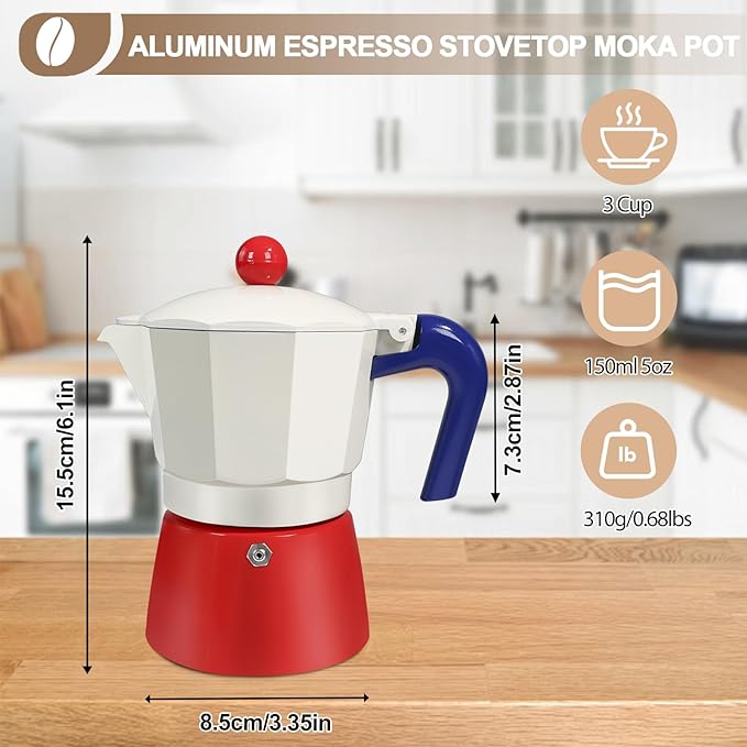 Aluminum 3 Cup 150ml Moka Pot Express Coffee Maker Stovetop Espresso Colorful Coffeemaker Italian Classic Style Brewing Greca Cafe Mocha Machine for Cafeteras Lover Camping Travel and Home Use 5oz