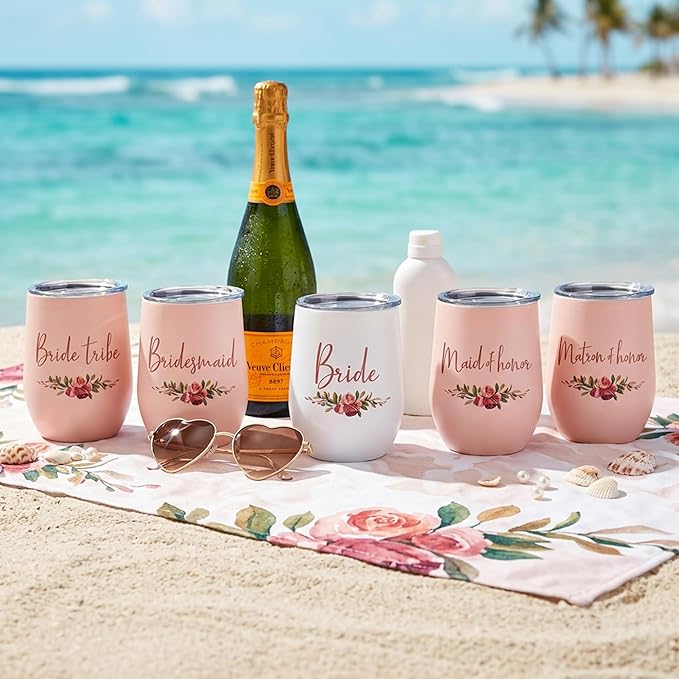 CARAKNOTS Bridesmaid Proposal Gifts Bridesmaid Cups Set of 5 Wedding Tumbler for Bridal Shower Engagement Bachelorette Party Favor Maid Pink Stainless Steel Wine Tumbler with Lid and Straw 12 oz