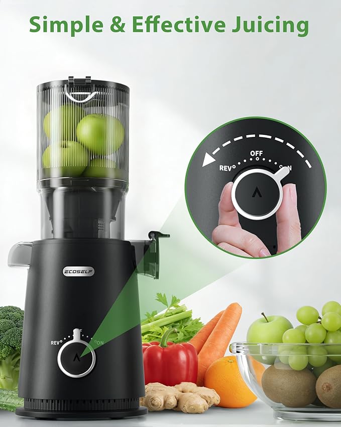 ECOSELF Juicer Machines - Wide Mouth Feed Chute For Fruits and Leafy Greens - Juice Extractor Machine With Self Feeding & Hands-Free Design For Family - Cold Press Juicer Easy to Clean（With Brush）