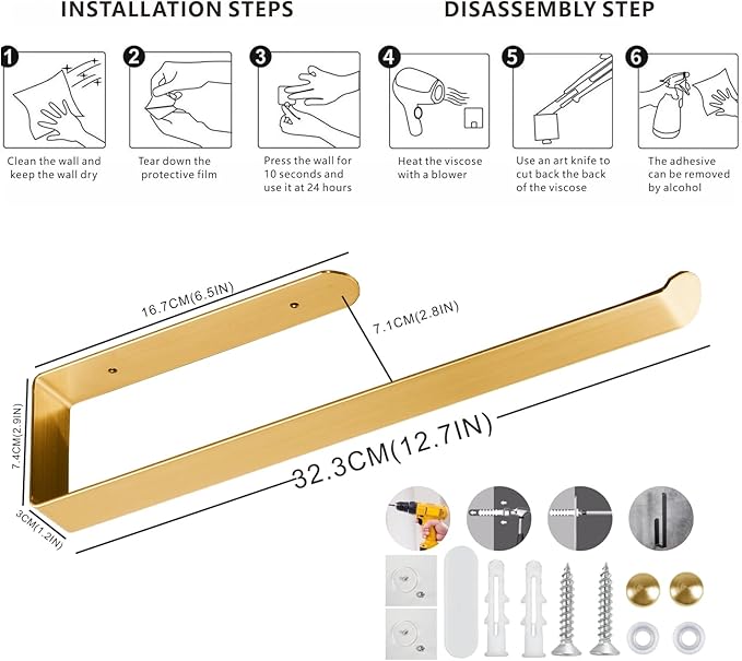 Self Adhesive Paper Towel Holder Under Cabinet Mount, 304 Stainless Steel Wall Mount Paper Towel Roll Rack for Kitchen Cabinet, Bathroom (Gold)