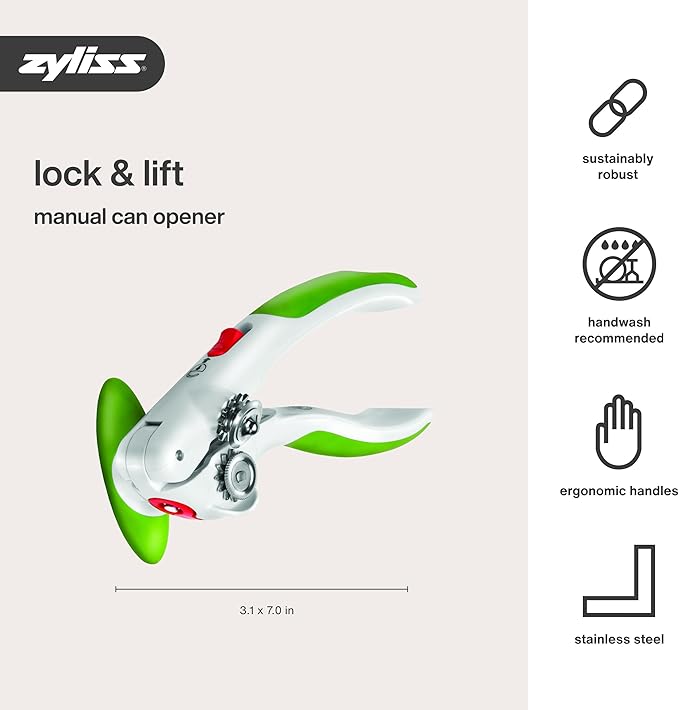 Zyliss Lock N' Lift Manual Can Opener with Lid Lifter Magnet - Heavy-Duty & Handheld Can Opener - Kitchen Gadget for Can Opener Safety - Manual Can Opener for Smooth Edge - Green