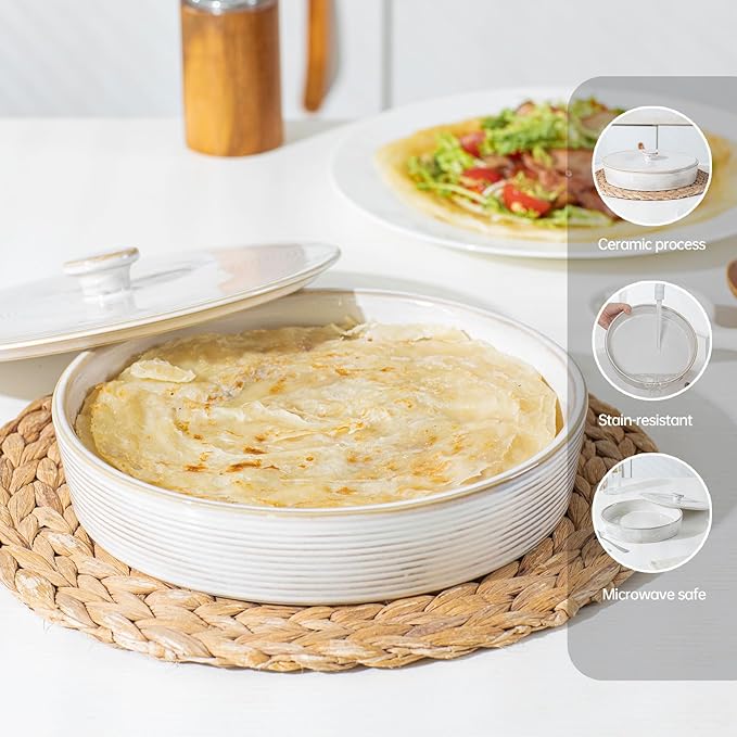 2 Pcs Tortilla Warmer, 9 inch Ceramic Tortilla Holder with Lids, Embossed Taco Holder Oven Microwave Safe, White Pancakes Warmer for Taco, Bread, Pancakes, Waffles, Keep Tortillas Warm