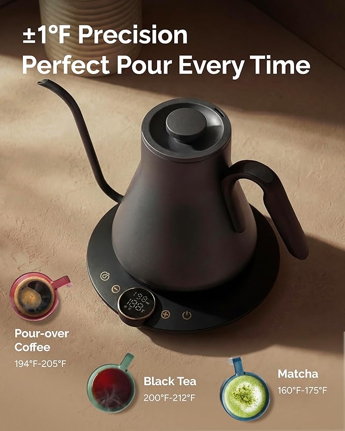 INTASTING Gooseneck Electric Kettle with Precise ±1℉ Temperature Control, Wood-Accented Handle, Stainless Steel Interior, Quick Heating Pour Over Kettle for Coffee & Tea, 0.9L, Matte Grey