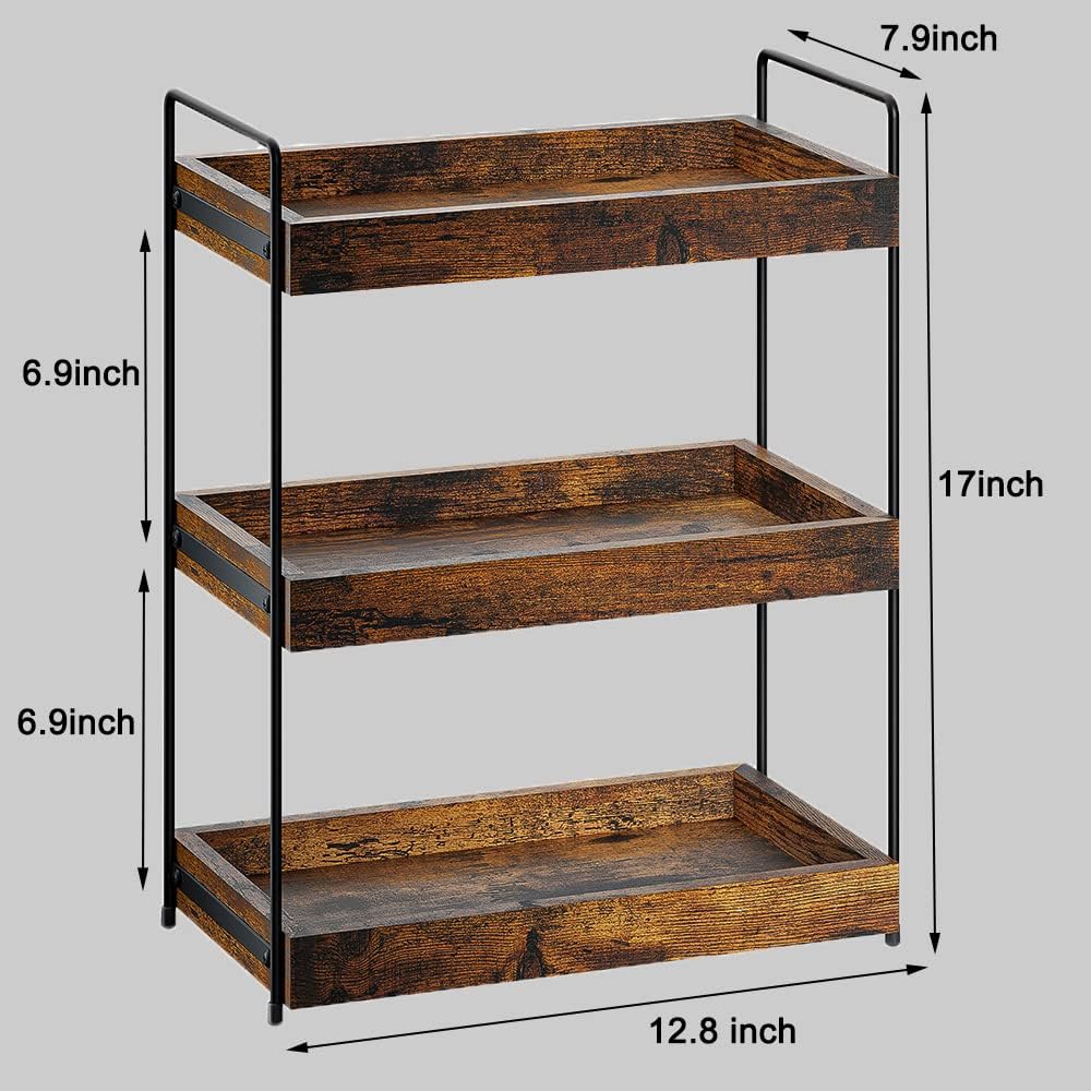 Bathroom Counter Organizer, 3-Tier Wood Spice Rack Organizer for Kitchen Counter, Vanity Skincare Organizers Shelf for Bathroom Storage Organization, Rustic Brown