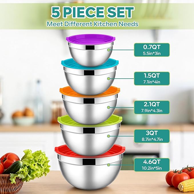 E-far Mixing Bowls With Lids Sets of 5, 10-Piece Stainless Steel Salad Metal Nesting Bowl for Baking Cooking and Prepping, Airtight Lid & Stackable Design, Size 4.6, 3, 2.1, 1.5, 0.7 QT, Colorful
