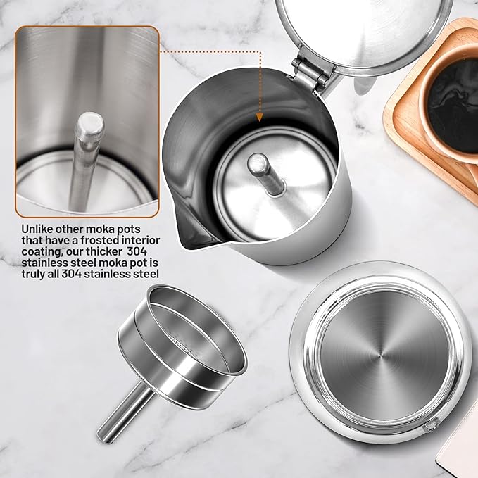 No Coating 6 Cup Thickened 304 Stainless Steel Moka Pot Stovetop Espresso Maker Italian Coffee Machine 300ml 10.1oz Suitable for Gas Induction Stovetop Greca Coffee Maker Percolator