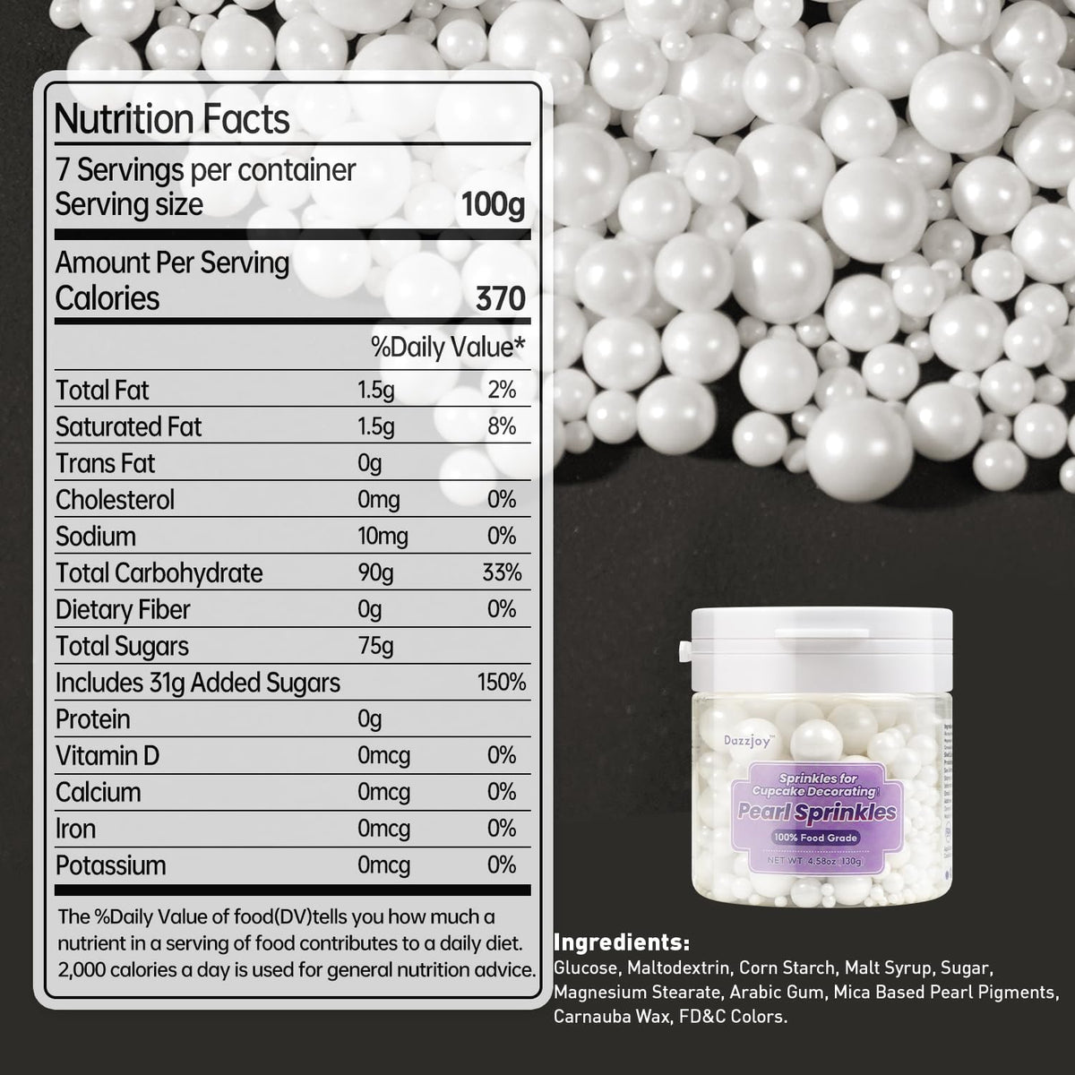 Dazzjoy Edible White Pearl Sugar Sprinkles, White Pearls for Cake Decorating, 130g/4.58oz, Candy Baking Cake Decorations, Cupcake Toppers & Cookie Decoration, Wedding Party Valentines Easter Supplies