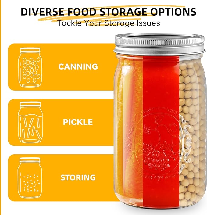 Miuyhji Wide Mouth Mason Jars 32 oz with Lids [9-Pack], Canning Jars with Metal Airtight Lids and Bands, 32 oz Glass Jars for Fermenting, Pickling, Freezing, Preserving, Meal Prep, Jar Décor