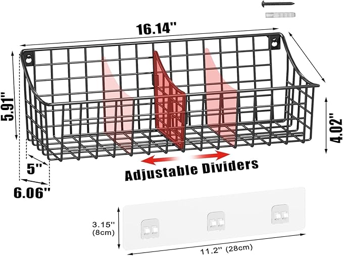 4 Pack EXTRA LARGE Hanging Wall Mount Storage Baskets With Divider, Metal Wire Basket With 4 Strong Adhesive Hooks +5 S Hooks,Organizing Wall Shelf for Home Kitchen Bathroom Pantry Garage RV, Black