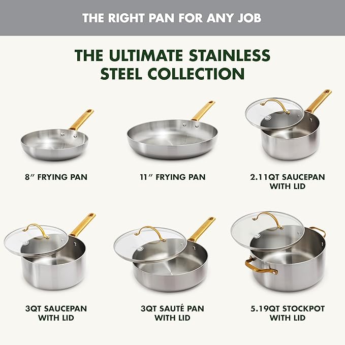 GreenPan Stainless Steel Tri-Ply Reserve 10 Piece Cookware Pots and Pans Set, Multiclad, Induction, Oven & Broiler Safe to 600°F, Heat Responsive Core, Dishwasher Safe, Glass Lids
