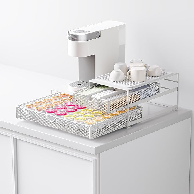 K Cup Organizer for Countertop - Solid Metal 60 Coffee Pod Holder Storage Drawer, Reinforced Steel Stand Compatible with Keurig K-Cup Pods, Anti-Vibration & No-Sag Design, No Assembly Required (White)