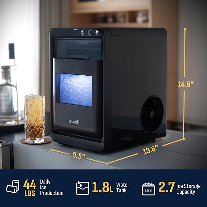 Nugget Ice Maker Countertop | 44 lbs/Day Pebble Ice Machine with Self-Cleaning | Soft Chewable Pebble & Sonic-Style Ice | Black Stainless Steel