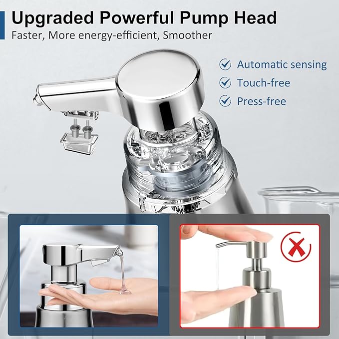 Automatic Soap Dispenser Liquid Touchless: 15oz Stainless Steel - 3 Level Adjustable Silver Rechargeable Electric Auto Smart Soap Dispenser - Bathroom Kitchen Hand Dish Lotion