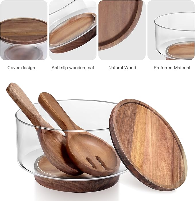 Large Glass Salad Bowls, Salad Bowl Set for Party with Acacia Wood Base and Lid and Salad Serving Utensils, Elegant and Practical Salad Bowls for Kitchen Essentials
