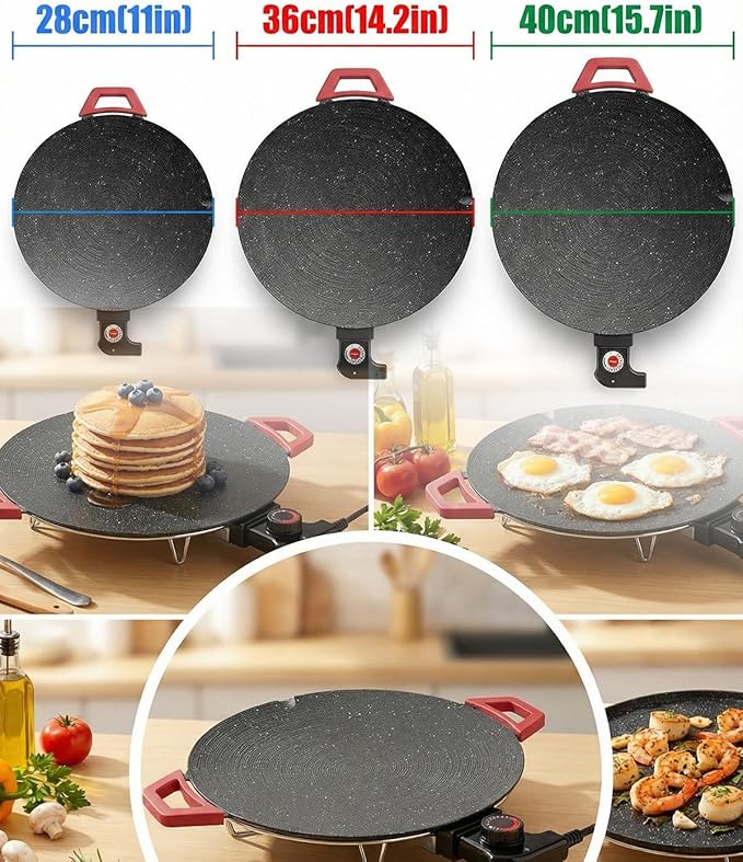Non-Stick Electric Indoor Grill Pan, Smokeless Electric Griddle with Temperature Control, Round Baking Pan for BBQ, Steaks, Pancakes & Comal Electrico para Tortillas (28cm/11in)