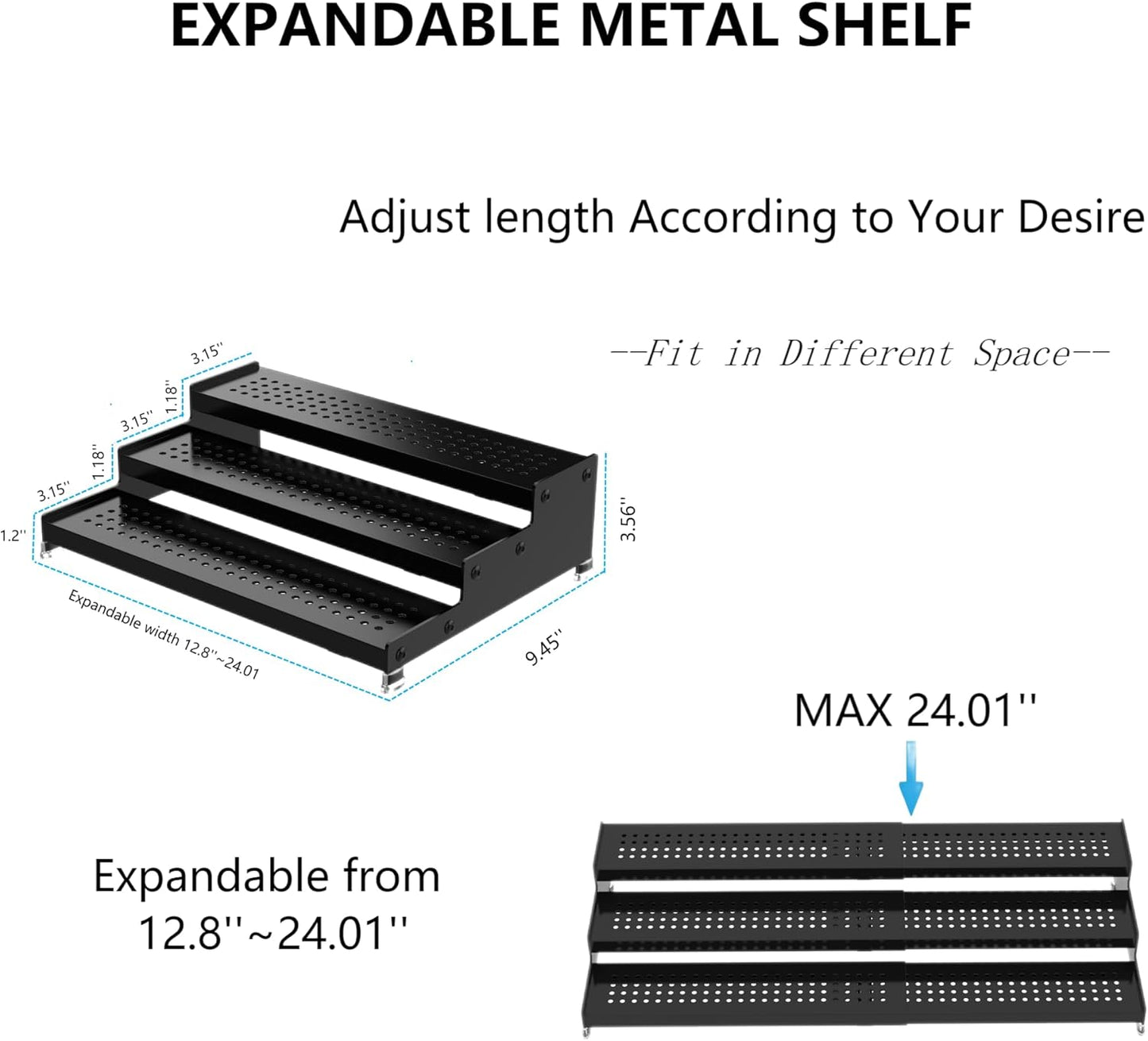 Expandable Spice Rack organizer with 3-Tier step shelf,Modern Design heavy duty,Non Skid and Visibility ,Great for Kitchen Cabinet,Bathroom,dressing table,Cupboard, Pantry and more(3PACKS/BLACK)
