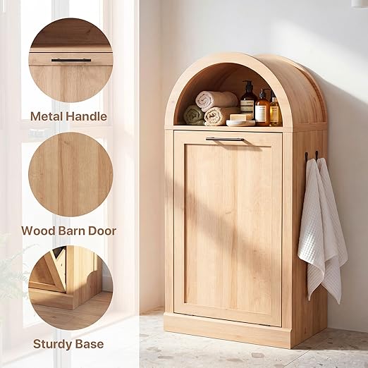Seang Arched Tilt-Out Trash Can Cabinet,Laundry Hamper Cabinet with Foldable Laundry Basket,Wooden Hidden Garbage Can Cabinets with Metal Handle & Hooks,Natural
