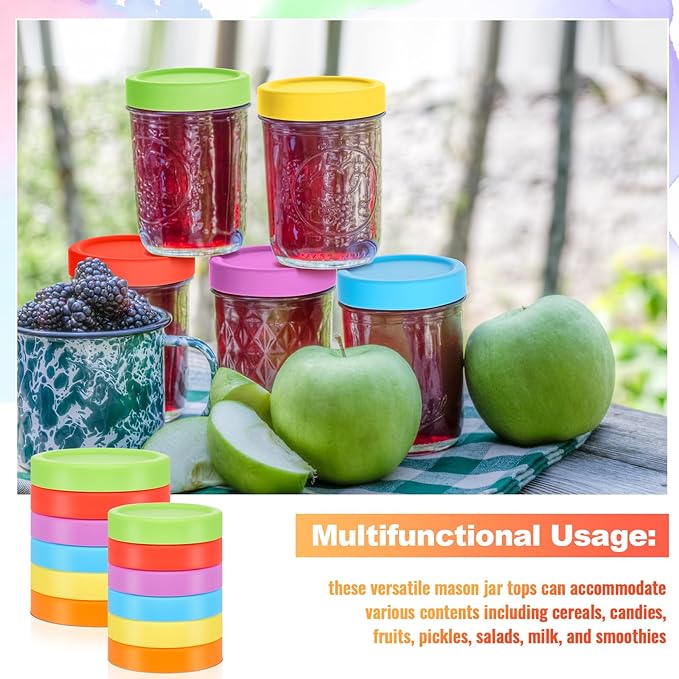 Teenyyou 12 Pcs Mason Jars 6 Wide and 6 Regular Mouth Lids Mason Jar Lids Thickened Leak Proof Lid for 86mm, 70mm Wide and Regular Mouth, Reusable Canning Jar Caps(Red Orange Yellow Green Blue Purple)
