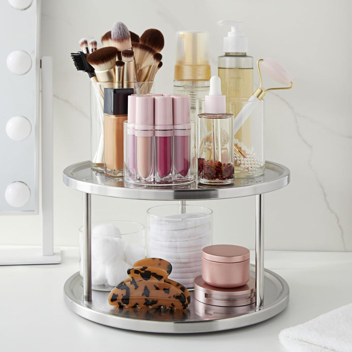 Juvale 2-Tier Lazy Susan Spice Rack Organizer for Cabinet - 10.5 in, Stainless Steel - Kitchen Countertop Organizer & Spice Carousel for Pantry Organization (Pack of 2)