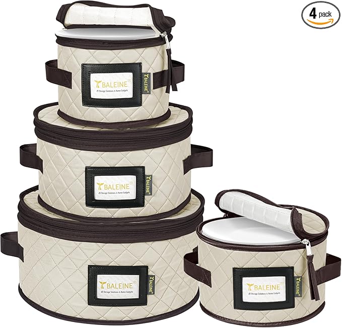BALEINE China Storage Containers, Sturdy Quilted Wine Glass Storage, Plate Organizer with Carry Handles, Moving Boxes for Dishes, Cups, Mugs and Stemware (Plate Set, Soft Shell Cream)